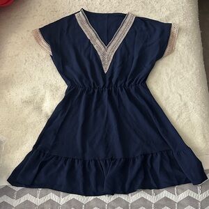 Navy Blue Dress with Lace Trim